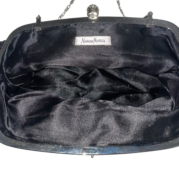 NEIMAN MARCUS Vintage Ruched Silk Black Clutch Bag Silver Frame with Crystals - Picture 5 of 15